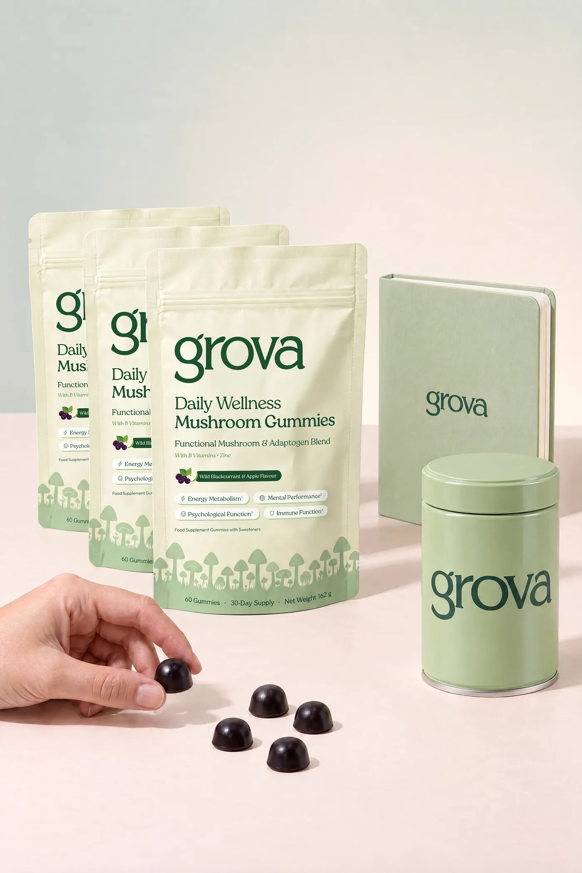 3 bags of Grova Daily Wellness Mushroom Gummies next to a Grova branded canister and journal.