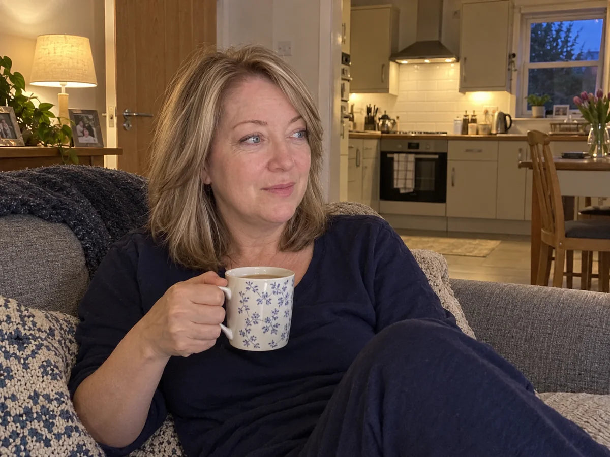Illustrative scene of a woman relaxing with tea after tidying her kitchen