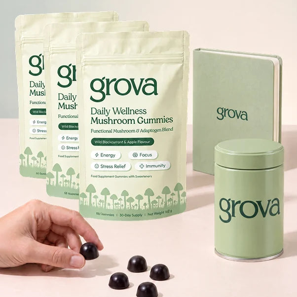 Three pouches of Grova Daily Wellness Mushroom Gummies with a wellness journal and gummy canister