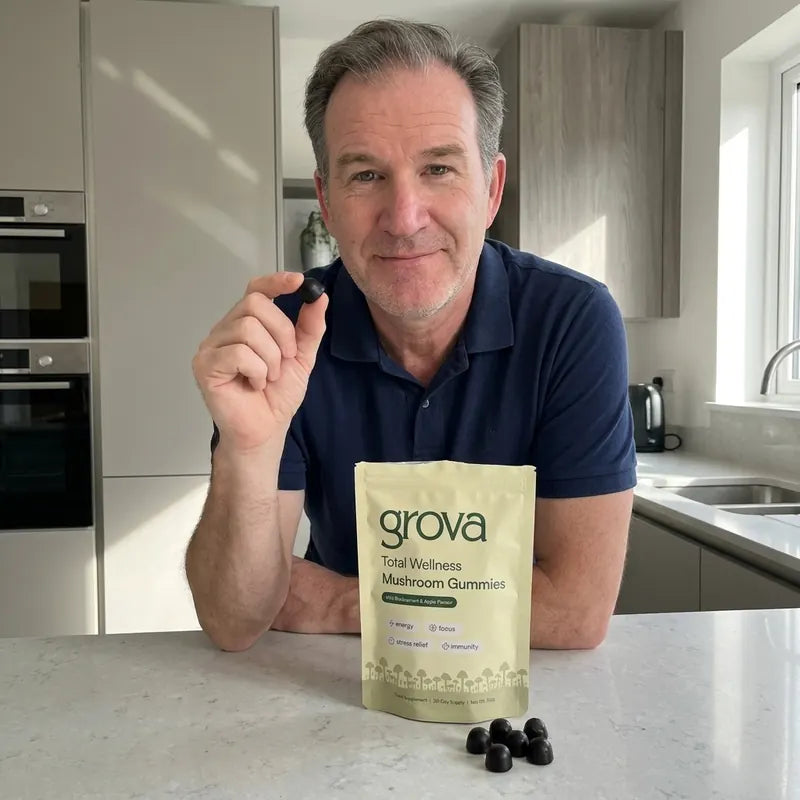 Grova customer taking his daily mushroom gummy