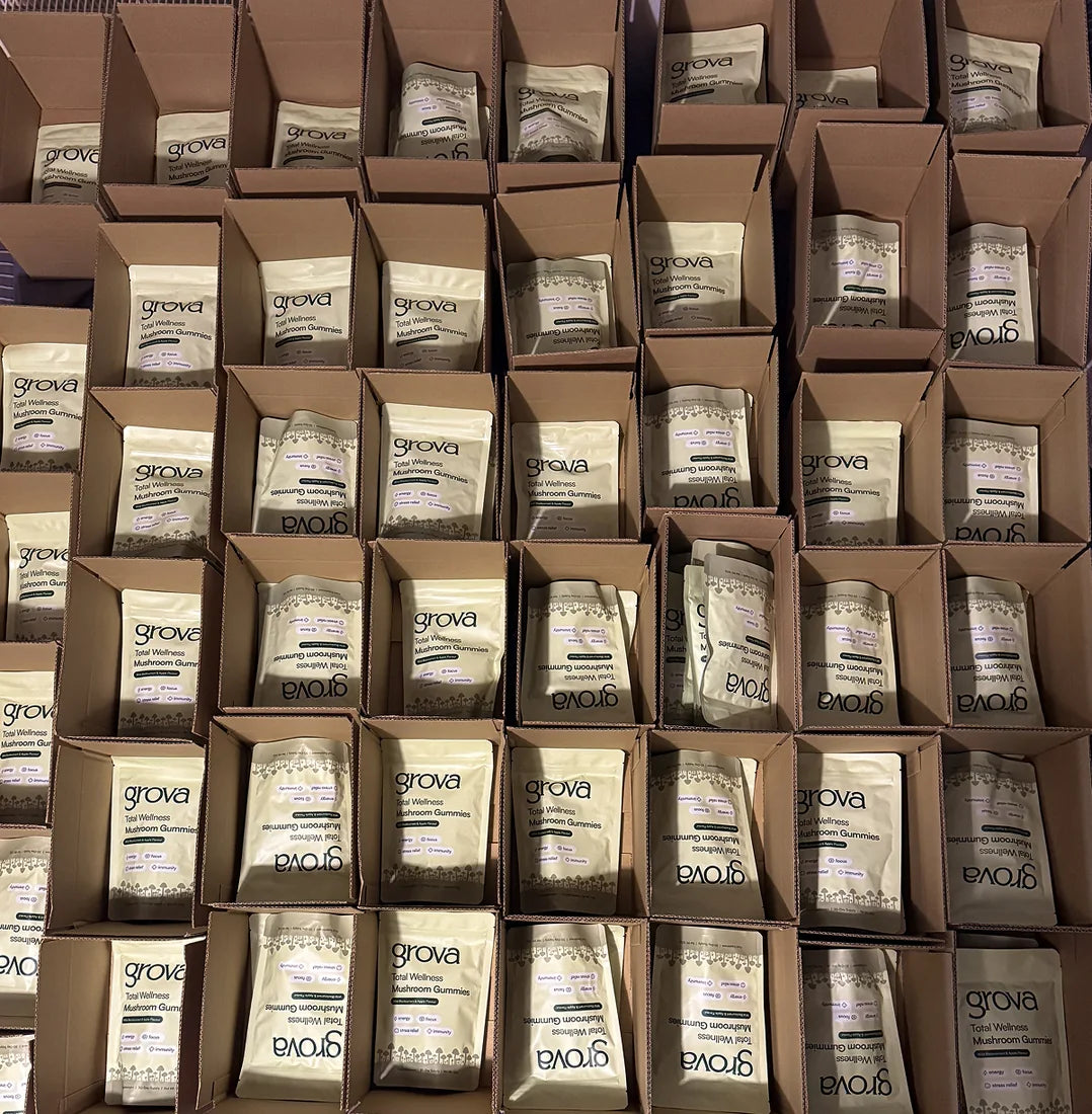 Rows of Grova pouches packed into open cardboard boxes during our early days.
