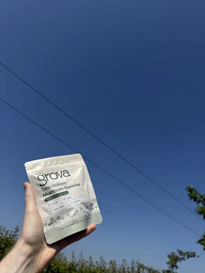 Our original Grova pouch held up to a clear blue sky.