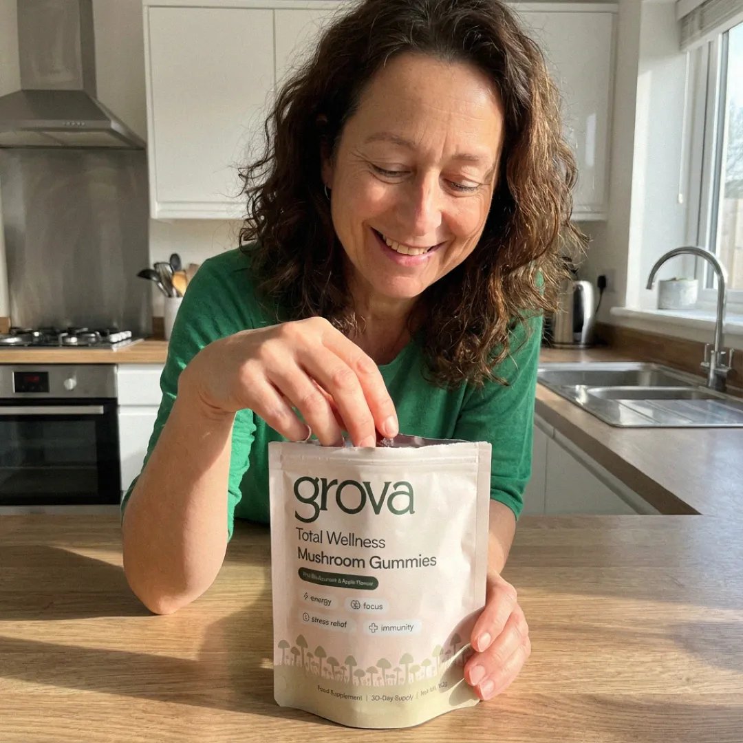 Grova customer opening a pouch of mushroom gummies
